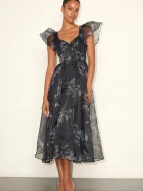 Lulu's Black Marble-Print Puff Sleeve Midi Dress